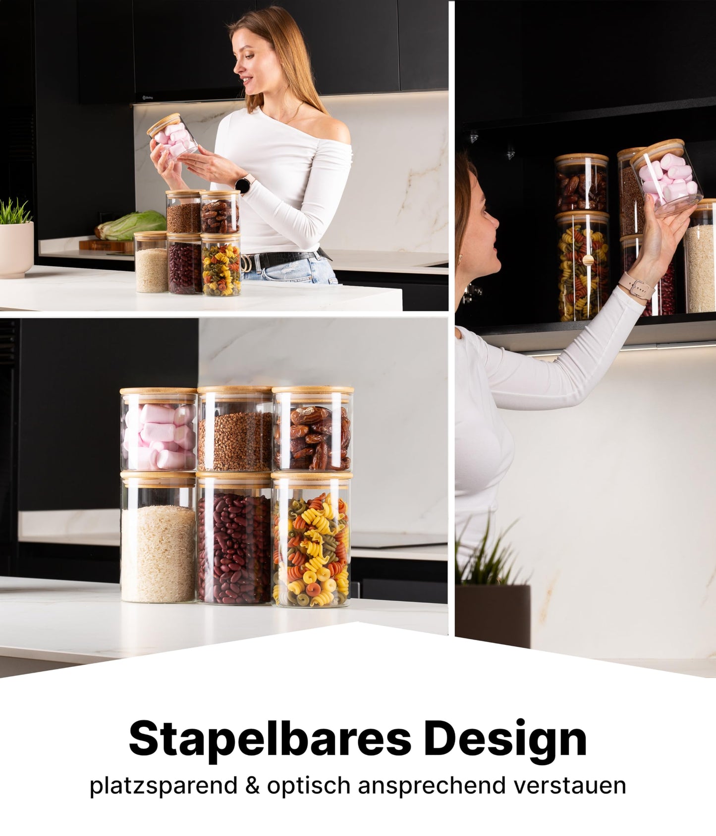 Deco House® storage jars with lid 6-pack [+LABELS] - For muesli, cornflakes, sugar, flour - Glass storage containers with airtight lid - Storage jar - Kitchen storage box