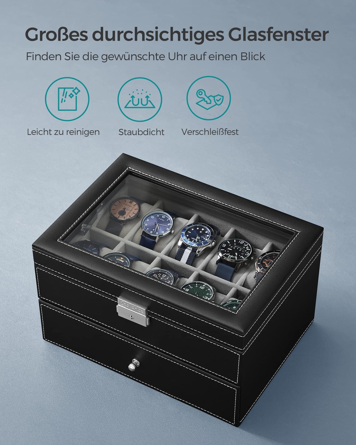 SONGMICS Watch Box, Watch Case with Glass Lid, 2 Levels, Watch Holder with Removable Watch Pillows, Watch Organizer, Gift Idea, PU Cover in Black, Velvet Lining in Grey JWB020