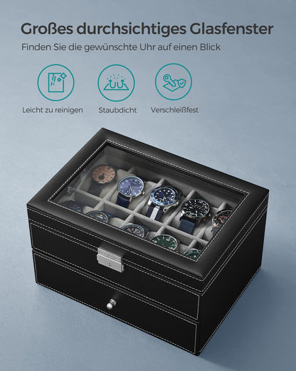 SONGMICS Watch Box, Watch Case with Glass Lid, 2 Levels, Watch Holder with Removable Watch Pillows, Watch Organizer, Gift Idea, PU Cover in Black, Velvet Lining in Grey JWB020