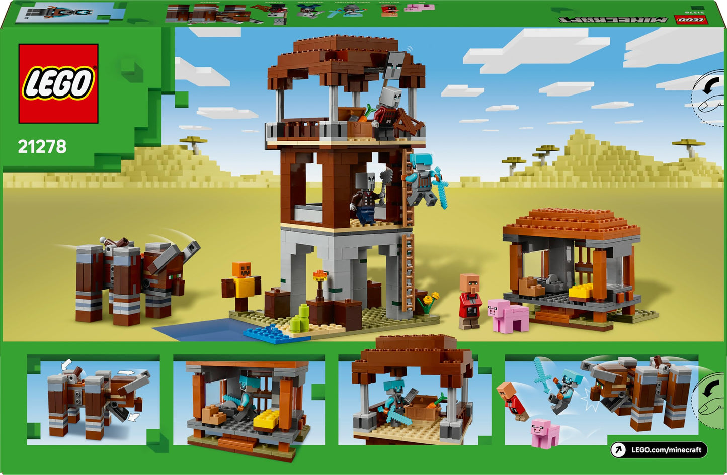 LEGO Minecraft The Raid of the Pillager Outpost - Gaming toy for kids - Minifigure with biting function and village fortress - Gaming gift for boys & girls aged 8+ - 21278