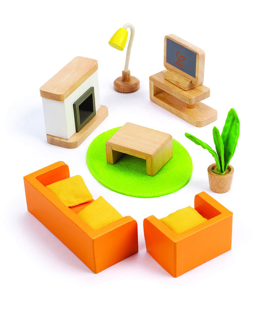 Hape Wooden Dollhouse Living Room, compatible with all popular dollhouses, for ages 3 and up.