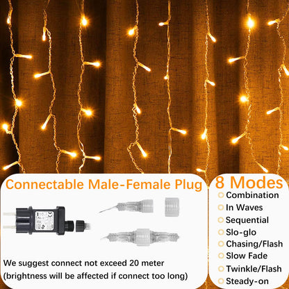 Ice rain fairy lights outdoor 10m 400LEDs light curtain fairy lights with timer + 8 modes + memory function + battery operated, icicle fairy lights decoration for Christmas, wedding, Halloween, warm white
