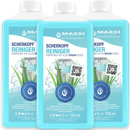 Maxxi Clean | 3x 750 ml Refill Liquid Shaver Head Cleaner for Cleaning Cartridge | Razor Cleaning Liquid compatible with Braun Cleaning Station | Cleaning Spray with Aloe Vera Scent