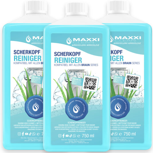 Maxxi Clean | 3x 750 ml Refill Liquid Shaver Head Cleaner for Cleaning Cartridge | Razor Cleaning Liquid compatible with Braun Cleaning Station | Cleaning Spray with Aloe Vera Scent