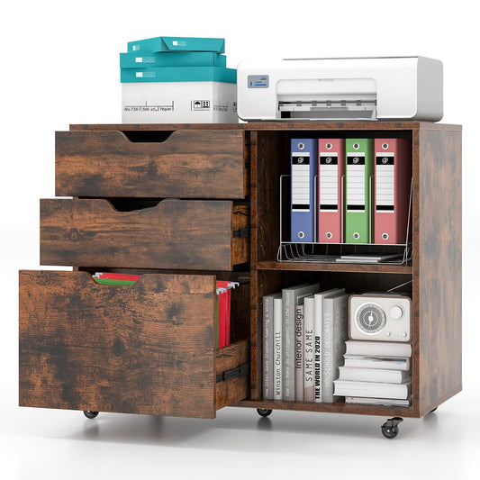 COSTWAY rolling cabinet with 3 drawers, file cabinet with wheels and open compartments, printer stand, office cabinet for documents in DIN A4, letter format, legal format (Rustic Brown)