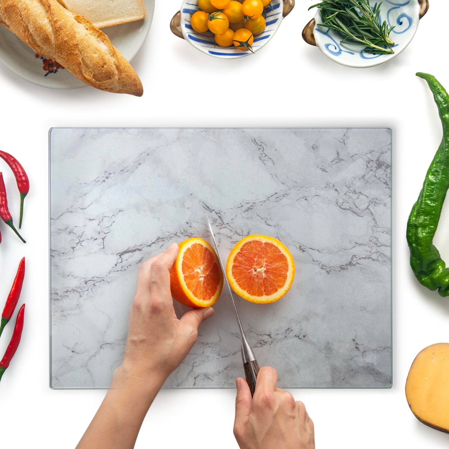 Kitchenville Glass Cutting Board 40x30cm - Hygienic cutting board made of tempered glass - Heat resistant, scratch resistant & non-slip - Glass plate for the kitchen - Grey marble look