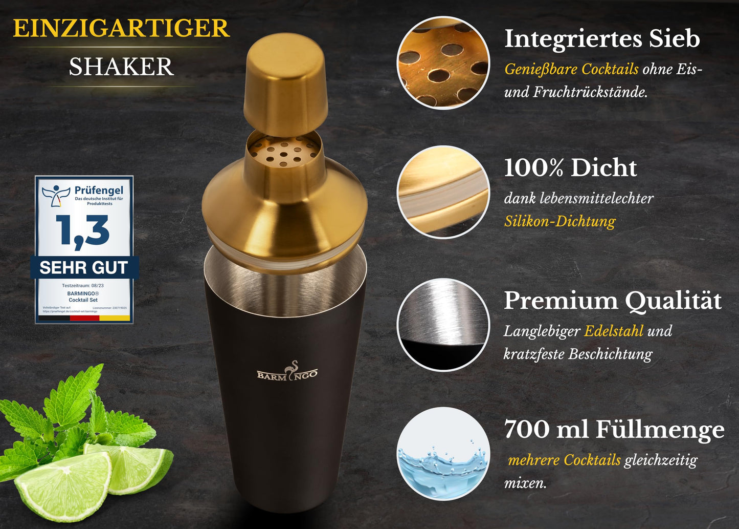 BARMINGO® Stainless Steel Cocktail Set 11pcs. - 700ml Cocktail Shaker Set with Stand and Bar Accessories, Cocktail Shaker Set | Bartender Set | Cocktail Mixing Set | Bar Set | Gift Set | Black & Gold