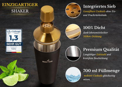 BARMINGO® Stainless Steel Cocktail Set 11pcs. - 700ml Cocktail Shaker Set with Stand and Bar Accessories, Cocktail Shaker Set | Bartender Set | Cocktail Mixing Set | Bar Set | Gift Set | Black & Gold
