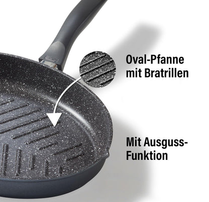 STONELINE XXL pan oval fish pan schnitzel pan 35 x 24 cm, die-cast pan with lid suitable for induction, grill pan universal pan large pan coated with real stone particles.