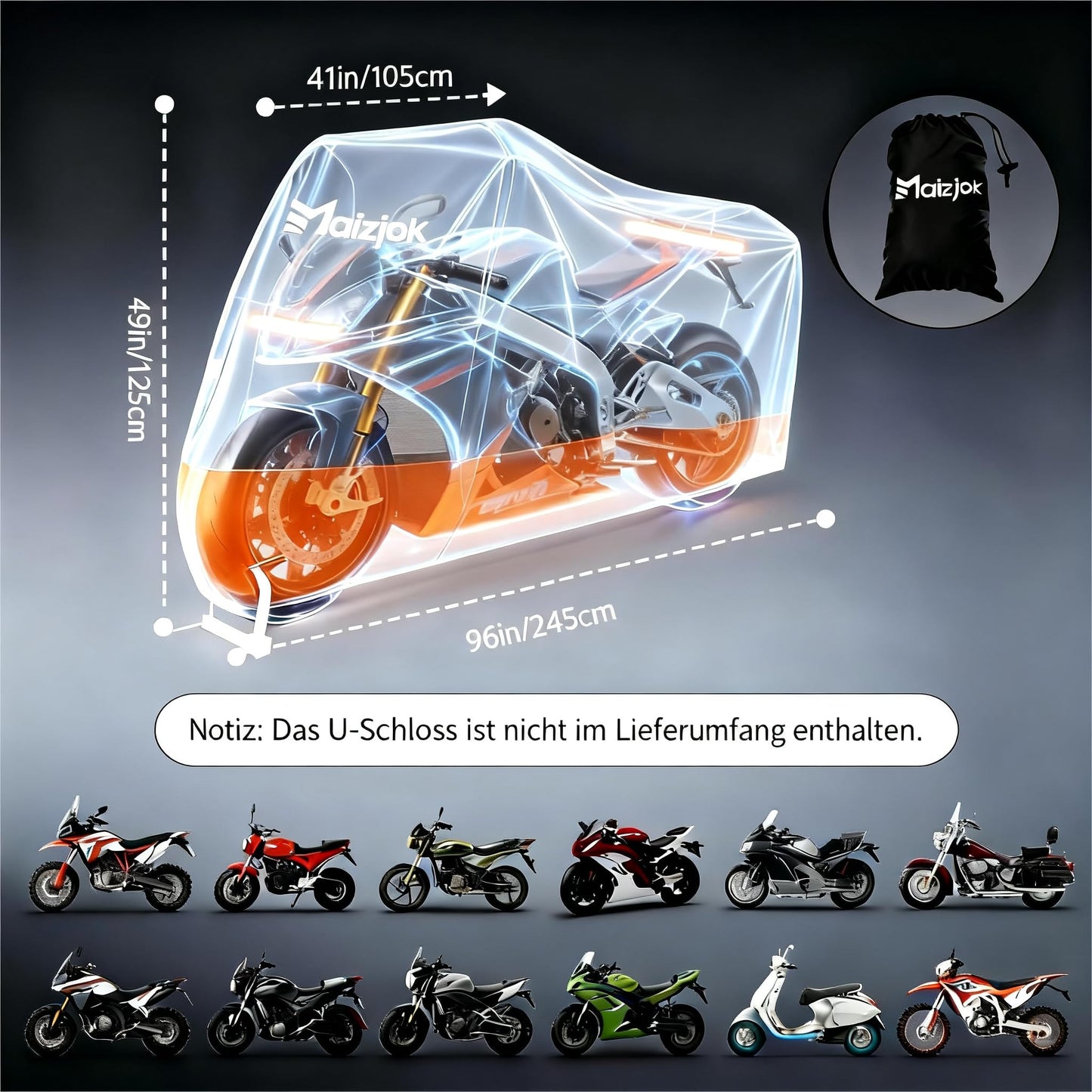 Maizjok Motorcycle Cover Outdoor Waterproof 210D Motorcycle Garage Cover, Motorcycle Cover Winterproof for Moped Scooter Motoroller Motor Enduro/Street (245x105x125cm)