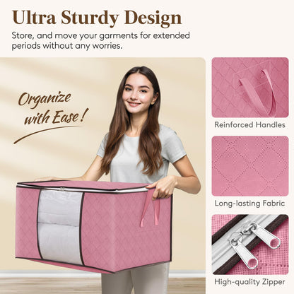 Lifewit 6-piece 90L Storage Bag, Storage Box with Lid, Large Clothes Storage Moving Boxes, Foldable Storage Boxes for Comforters Blankets Clothes Underbed Closet, Pink