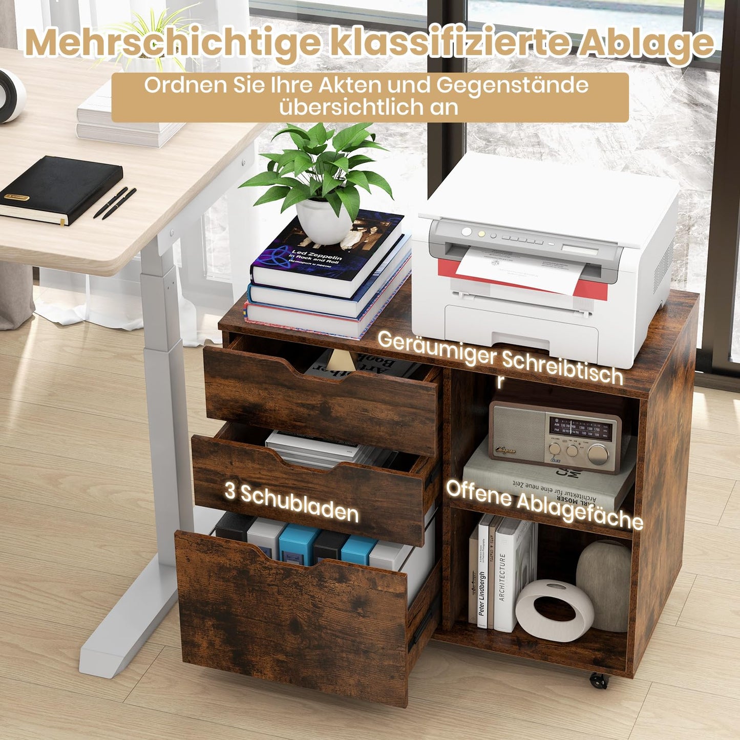 GOPLUS rolling file cabinet, mobile filing cabinet with 5 wheels, 3 drawers, and 2 open compartments, side cabinet printer stand for documents in A4, letter, & legal size (Rustic Brown)