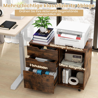 GOPLUS rolling file cabinet, mobile filing cabinet with 5 wheels, 3 drawers, and 2 open compartments, side cabinet printer stand for documents in A4, letter, & legal size (Rustic Brown)
