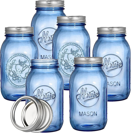 Tebery 6 Pack 32oz Blue Mason Jars with airtight lids & bands, 1 Liter Regular Mouth Quart Glass Canning Jar for fermenting, pickling, storage, DIY crafts & decoration.