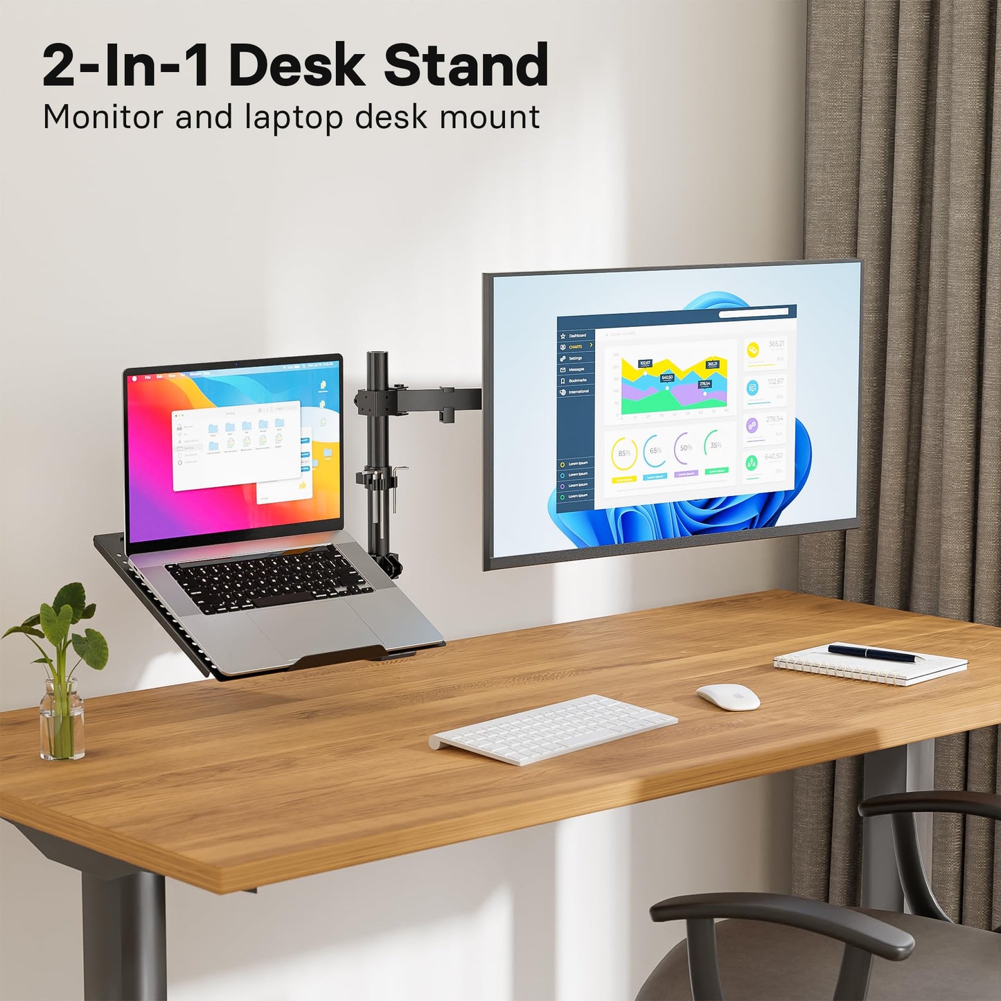 Redbat Monitor Arm with Laptop Tray, Dual Screens, Fully Adjustable for 13 to 32 inch LCD LED Monitor up to 8kg & Notebook up to 16 inch, Tilt, Swivel & Rotate, 2 Mounting Options