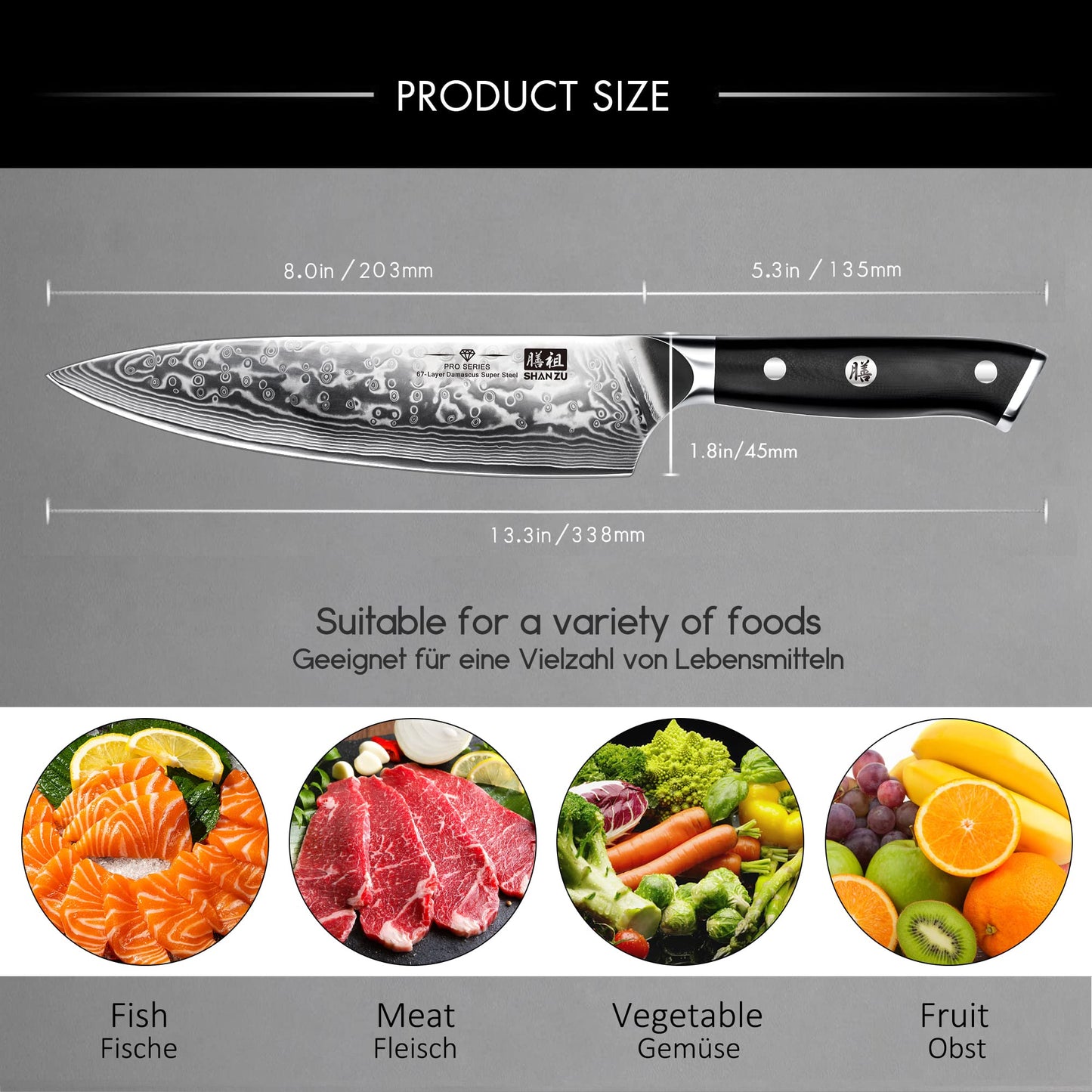 SHAN ZU Damascus Knife Chef Knife 67 Layers Damascus Steel Kitchen Knife with G10 Handle 20CM - PRO Series