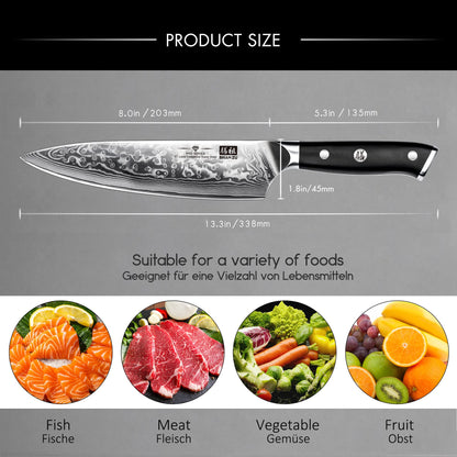 SHAN ZU Damascus Knife Chef Knife 67 Layers Damascus Steel Kitchen Knife with G10 Handle 20CM - PRO Series