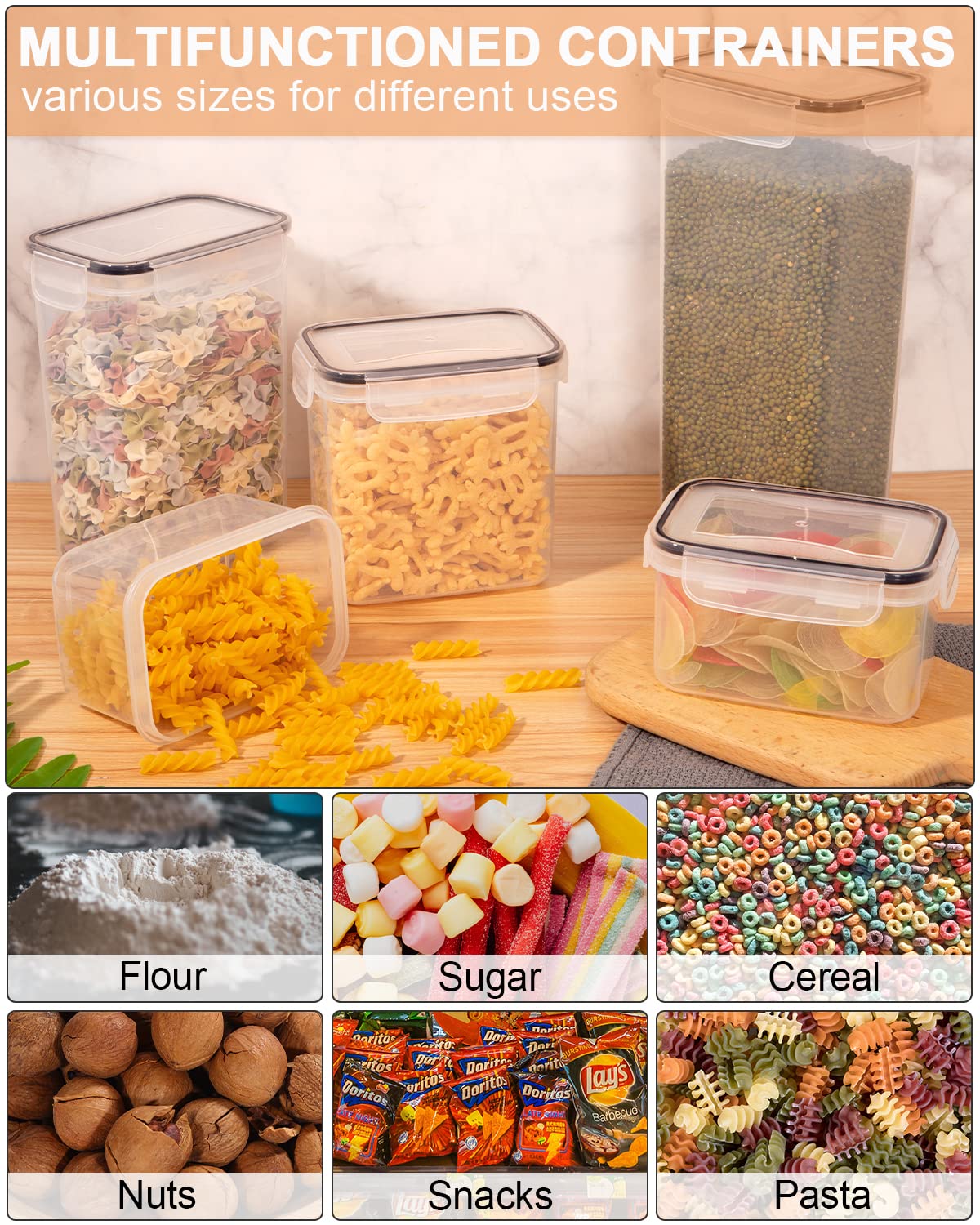 25-piece storage container set (9x0.8L + 6x1.4L + 5x2L + 5x2.8L) airtight containers with lids. Perfect for storing spaghetti, flour, cereal, and cornflakes in the kitchen. Great plastic organizers for keeping food fresh.