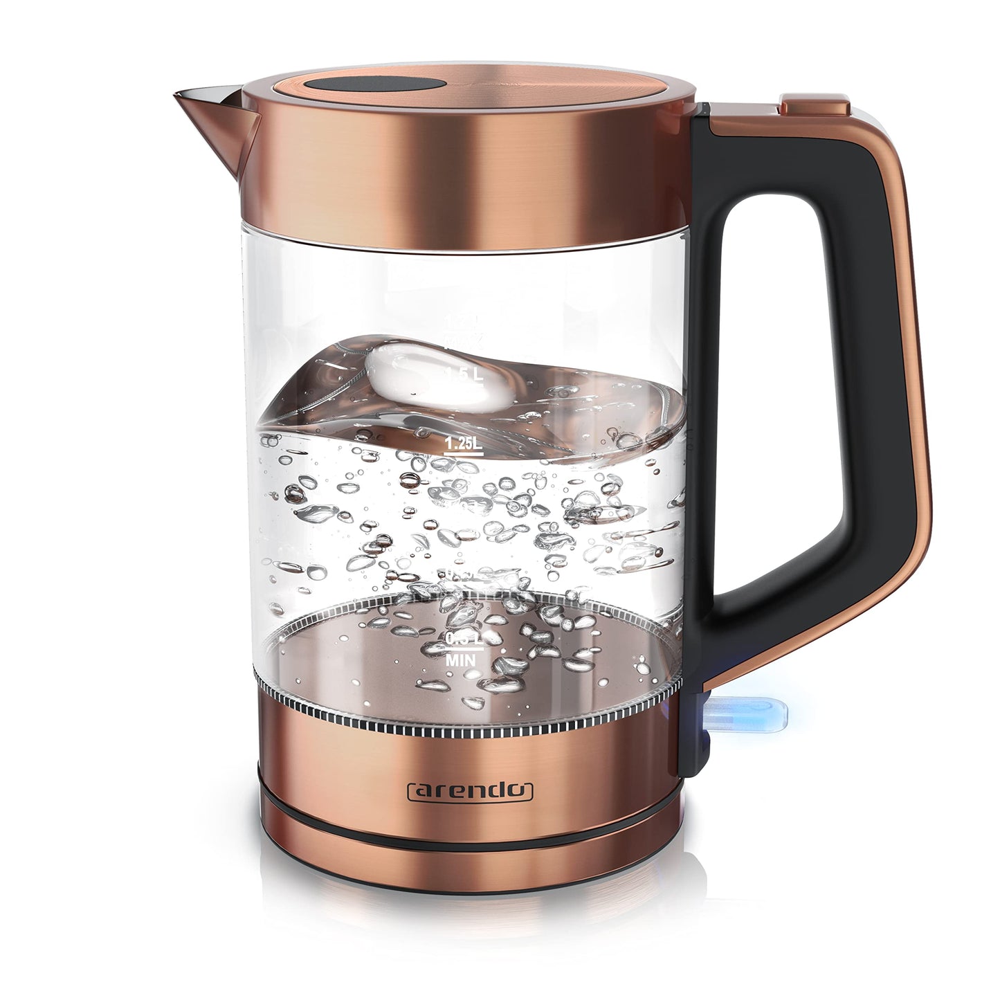 Arendo - Glass kettle stainless steel - 1.7 liters - 2200W - Cool Touch handle - One Touch closure - automatic shut-off - integrated cord storage - overheat protection - Copper design