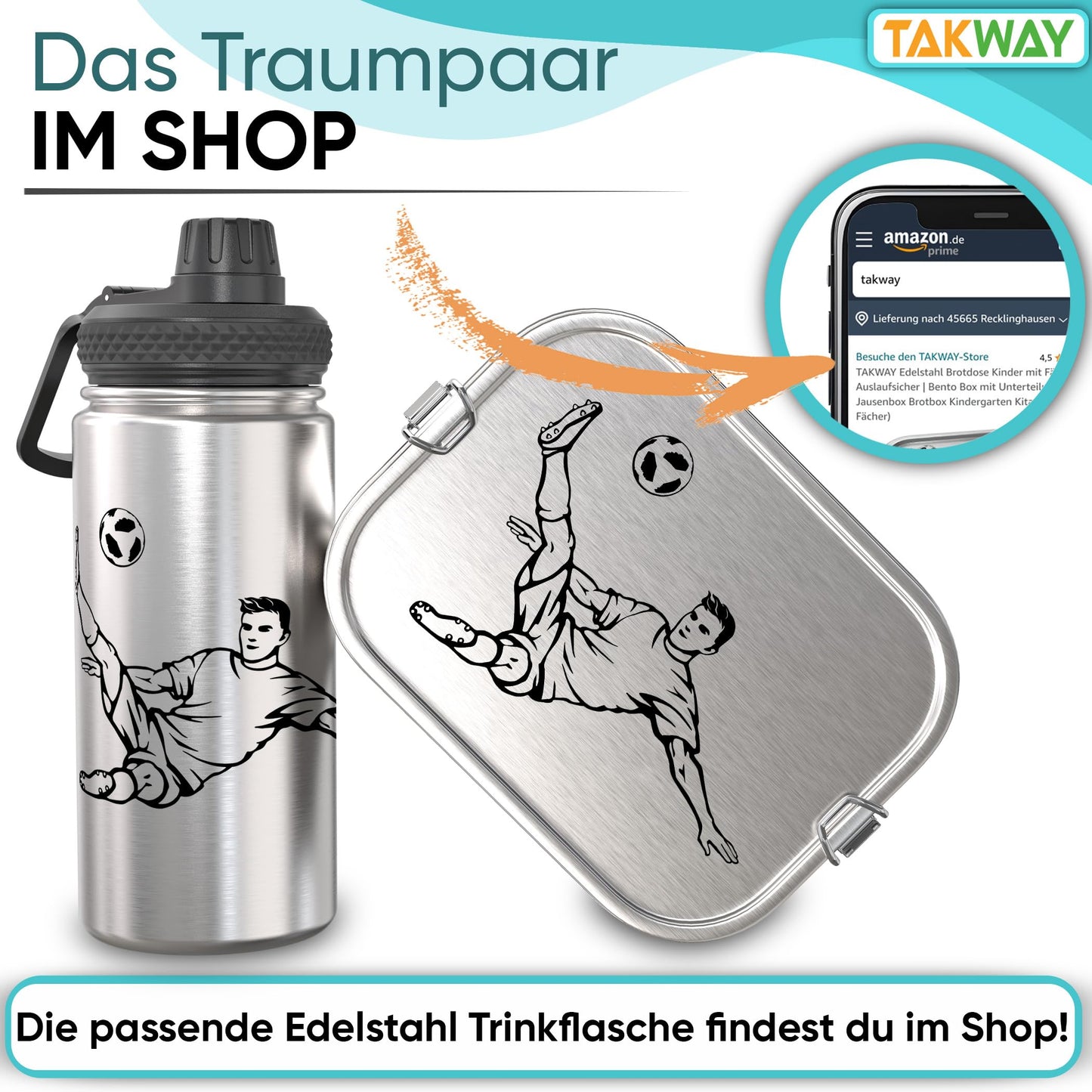 TAKWAY stainless steel lunchbox for kids with compartments 800ml | Leakproof | Bento box with adjustable dividers | Snack box lunchbox for kindergarten school (soccer, divider)