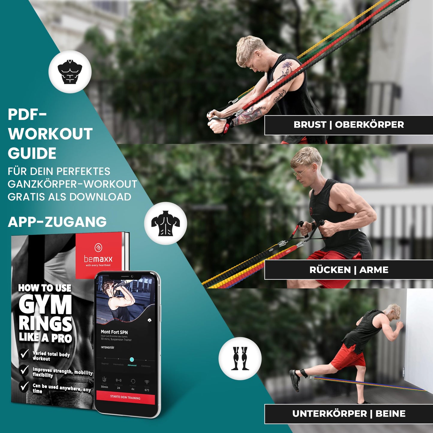 Resistance band set made of fabric with training eBook - expander tubes bands fabric fitness bands - resistance band set includes: 5 handles door anchor ankle straps