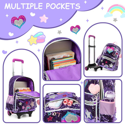 HTgroce Purple Love Trolley Backpack with Wheels, Pencil Case, Lunch Bag 3 in 1 Sequin Rolling School Bag for Girls, School Bag Sets Perfect for Children Students in Grades 2-6