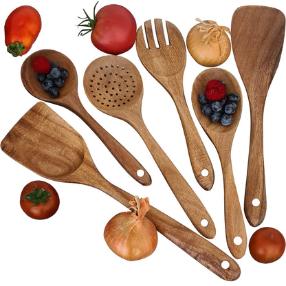 ALEXE® Kitchen Helper Set made of acacia wood, 6 pieces of wooden kitchen utensils set (acacia), Japanese style, scratch-resistant and heat-resistant, wooden cooking spoon set for non-stick pans