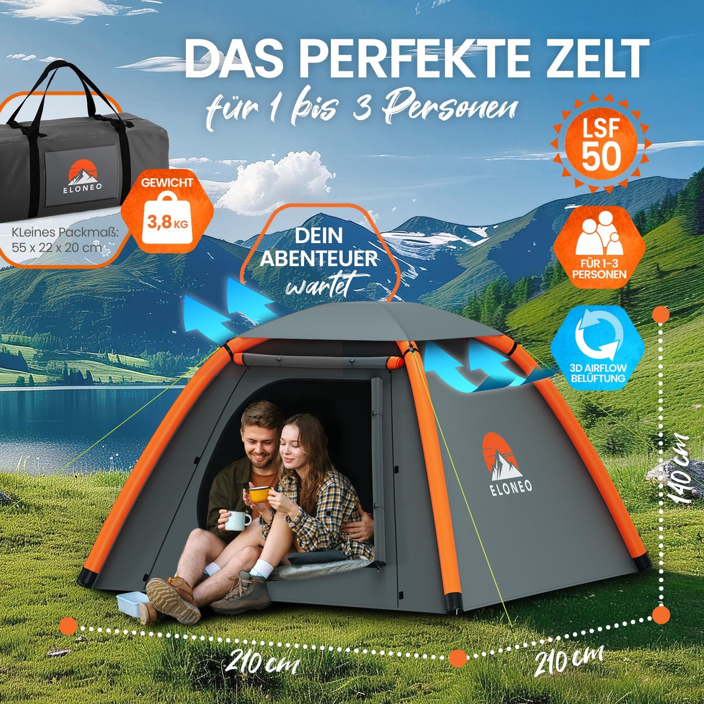 ELONEO inflatable tent for 1-3 people with canopy & air pump, waterproof camping tent, lightweight air tent, Inflatable Tent, Glamping tent with free LED light