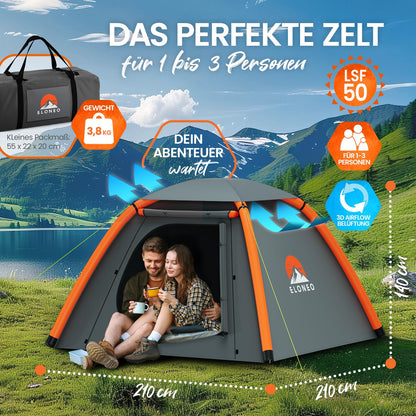 ELONEO inflatable tent for 1-3 people with canopy & air pump, waterproof camping tent, lightweight air tent, Inflatable Tent, Glamping tent with free LED light