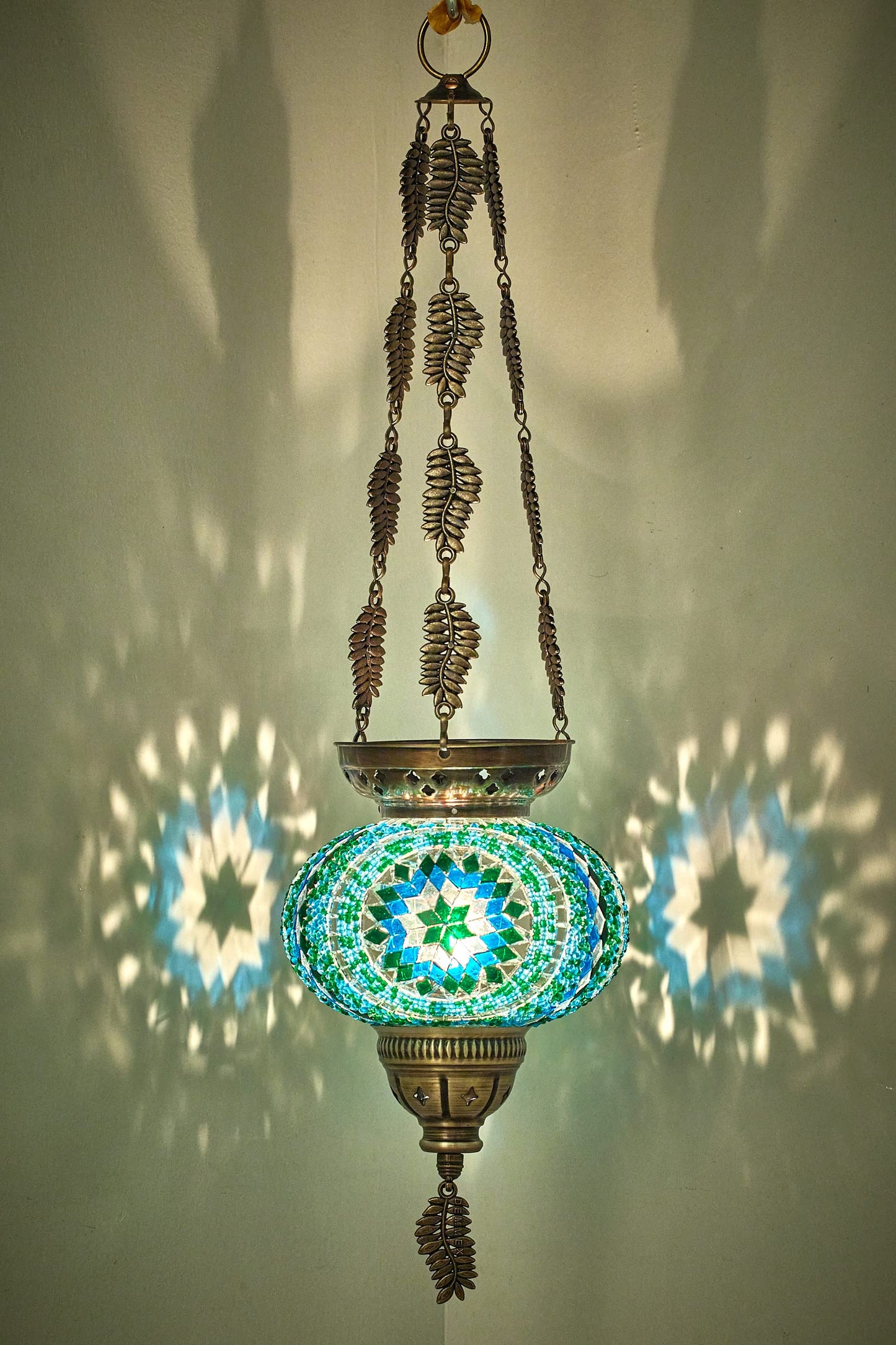 DEMMEX Turkish Moroccan colorful mosaic Bohemian boho hanging candle holder lantern with handmade colorful glass ball and metal leaf chains, 61 cm (Cutsie)