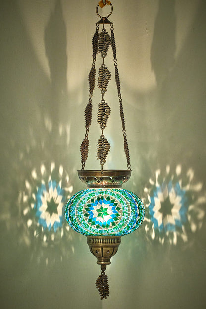 DEMMEX Turkish Moroccan colorful mosaic Bohemian boho hanging candle holder lantern with handmade colorful glass ball and metal leaf chains, 61 cm (Cutsie)