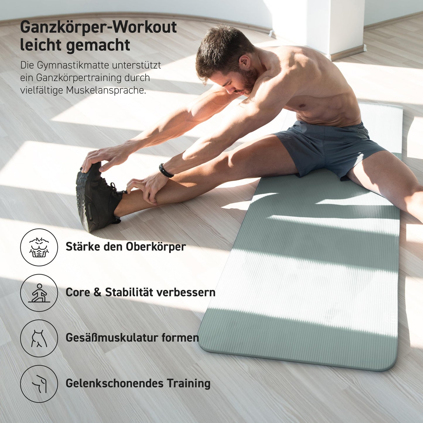 MSPORTS Gymnastics Mat Premium including carrying strap + exercise poster + workout app I Skin-friendly fitness mat 190 x 60 x 1.5 cm - Stone Gray - Phthalate-free yoga mat