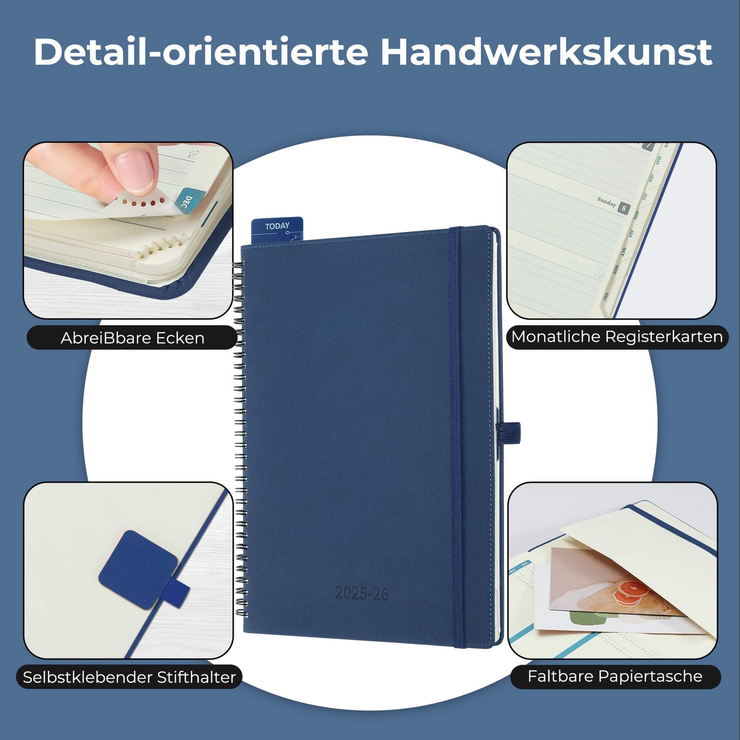 IN-LUXPRO Calendar 2025 2026 Weekly Planner, A4 (29 x 21.7cm), 18-Month Book Calendar (Jul.2025-Dec.2026) Ring binder with softcover, weekly calendar with self-adhesive pen holder, Navy Blue.