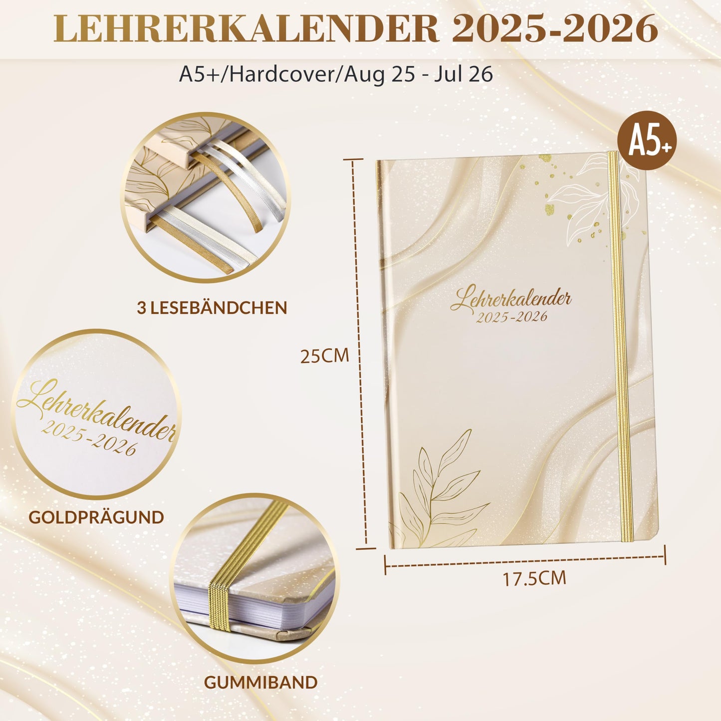 Teacher Planner 2025 2026 - A5+ Teacher Planner, Teacher Calendar 2025 2026 A5 for School Planner 2025 2026 from August 2025 to July 2026, Back Pocket, Hardcover - Beige