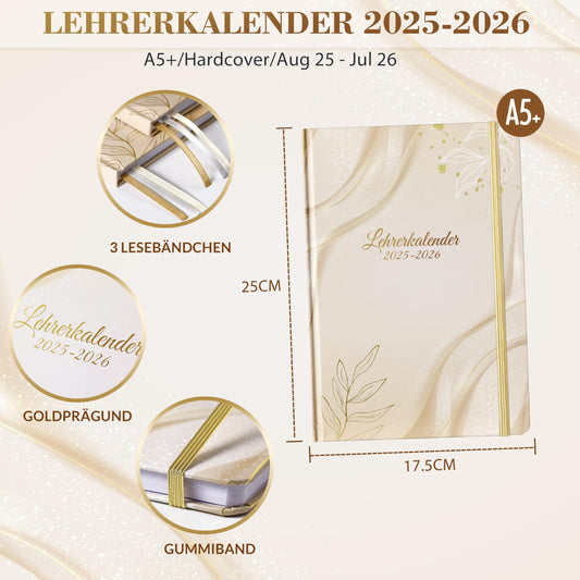 Teacher Planner 2025 2026 - A5+ Teacher Planner, Teacher Calendar 2025 2026 A5 for School Planner 2025 2026 from August 2025 to July 2026, Back Pocket, Hardcover - Beige
