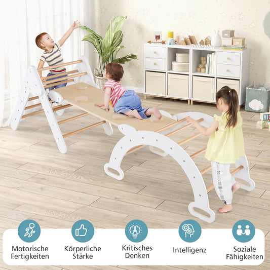 COSTWAY climbing triangle with slide, climbing arch, including double-sided ramp, for climbing, sliding and rocking, 4 in 1 climbing frame indoor from 1 year (White)