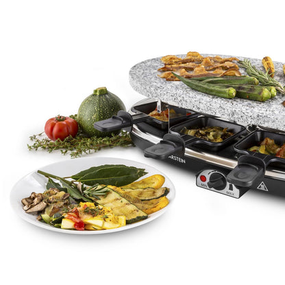Klarstein Steaklette All-U-Can-Grill Raclette - 1500 watts, 8 people including pans, continuously adjustable temperature, 4-in-1, without coaster and wooden spatula.
