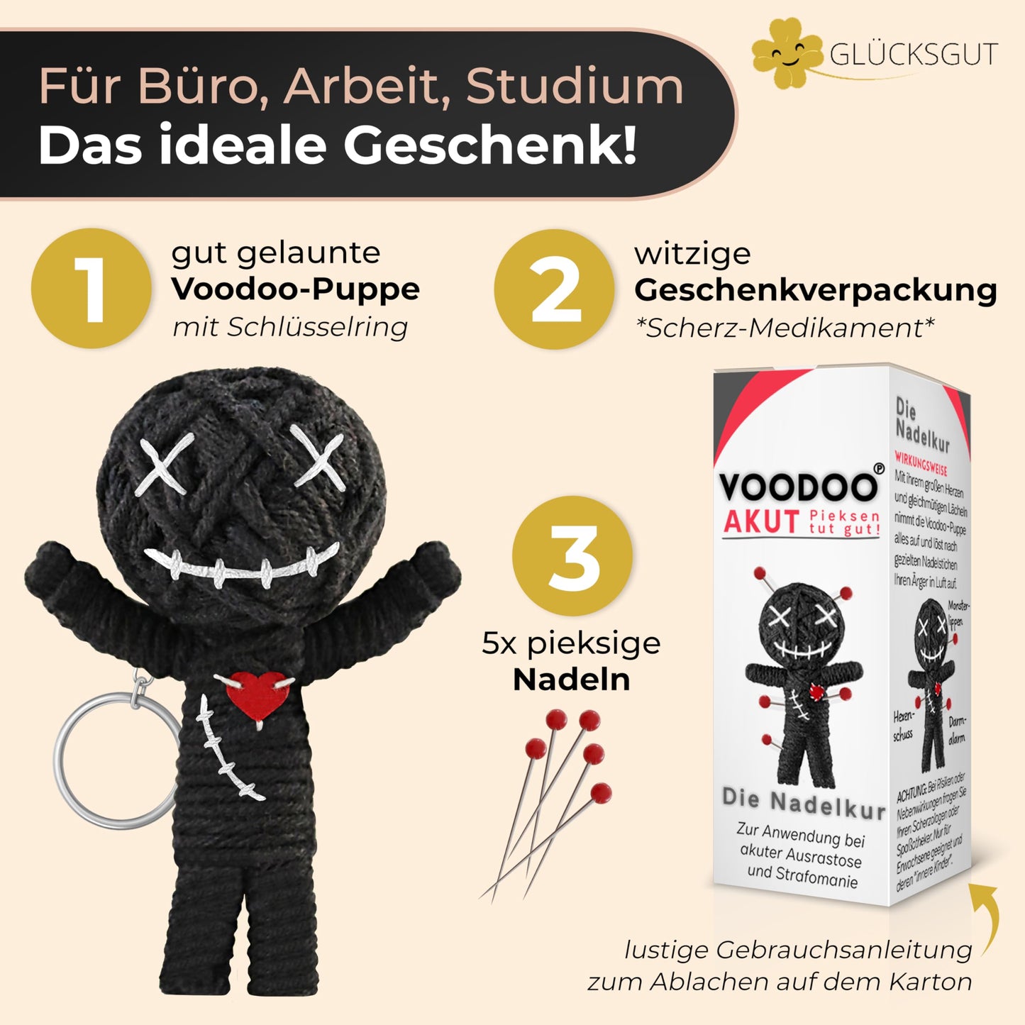 Good Luck® Voodoo Doll with Needles | 3-Pack | Gift Box & Instructions | Joke Medicine | Office Gift for Colleagues, Boss | Anti Stress | Farewell | Office
