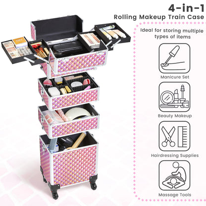 Yaheetech 4-in-1 Cosmetic Case, Trolley Makeup Case, Large Beauty Case, Lockable Multifunctional Hairdressing Case with Wheels and Drawer, Glittery Pink