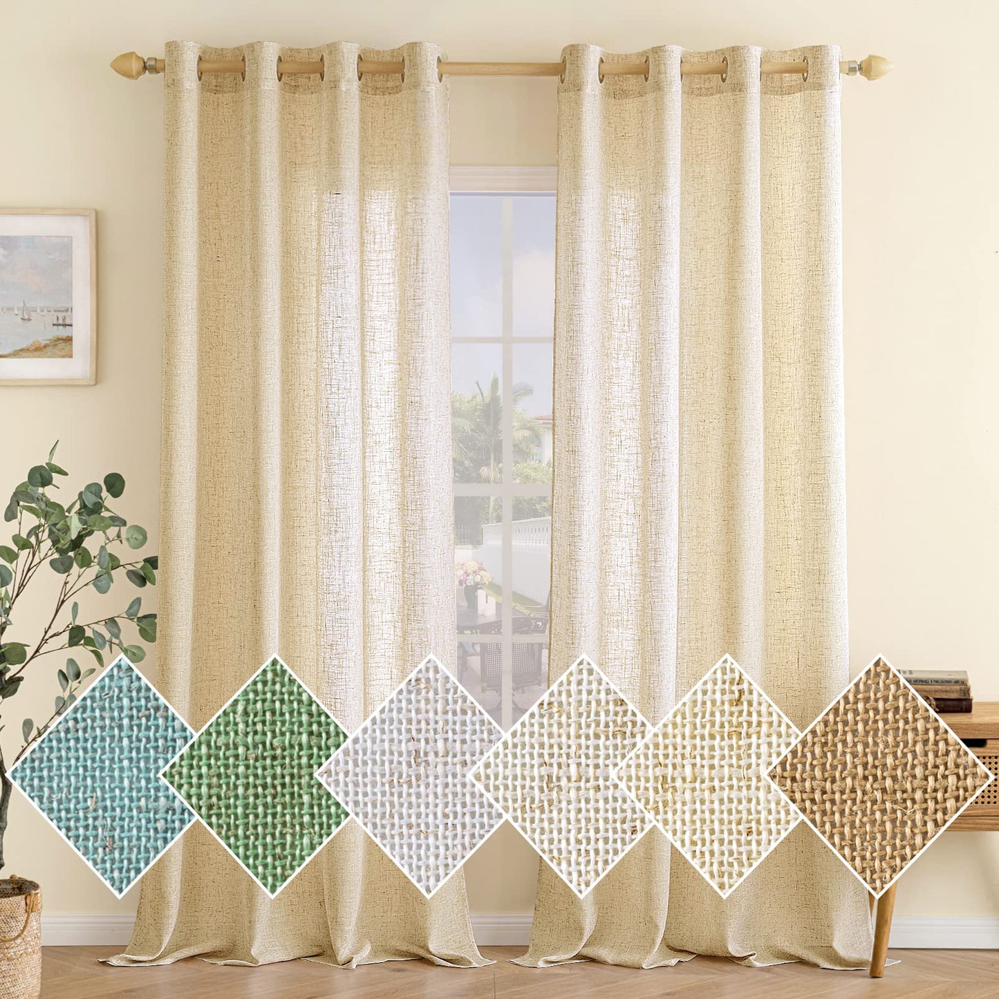 EMEMA curtains Linen curtain with eyelets Voile curtain Linen look Modern semi-transparent for living room decorative curtain children's room tab top curtain kitchen curtains 2 pieces set 140x215cm (WxH) Beige