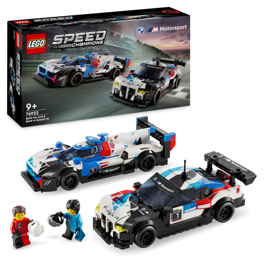 LEGO Speed Champions BMW M4 GT3 & BMW M Hybrid V8 race car toy with 2 buildable model cars and 2 race driver minifigures, gift for boys, girls ages 9+, model car 76922