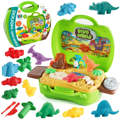 Dinosaur clay set for kids, 37 pieces, Dino clay tools and shapes accessories with volcano and fossils for boys and girls.