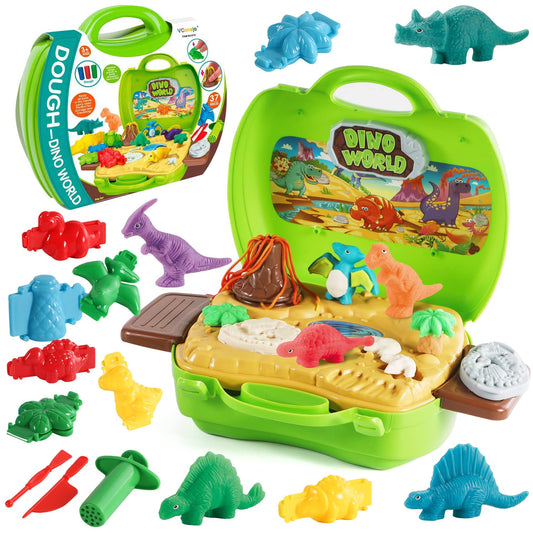 Dinosaur clay set for kids, 37 pieces, Dino clay tools and shapes accessories with volcano and fossils for boys and girls.