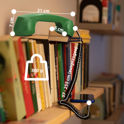 Description 60s Micro: Retro telephone handset for mobile with USB-C adapter as retro headset for Android Smartphone and for iPhone 15 and newer in Green.