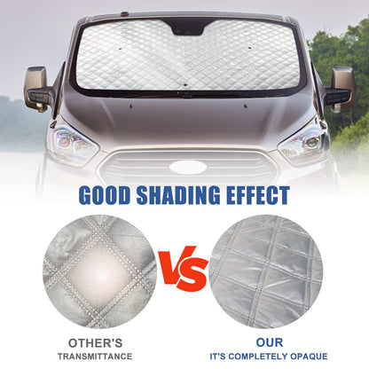 Opaltool thermal mat for driver's cabin interior for Ford Transit Custom 2012-2025, 3-piece UV & water protection sunshade for privacy & temperature control in motorhome.