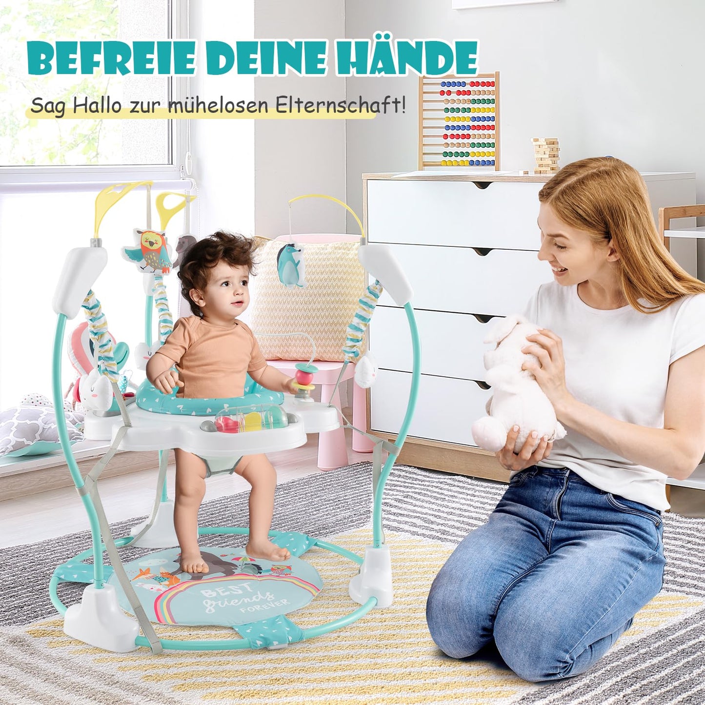 GOPLUS 3 in 1 Baby Jumperoo, spring and play center with 360° rotating seat, toy & music tray with lights and sounds, adjustable seat height for babies 6 months and up to 12 kg (Light Blue)