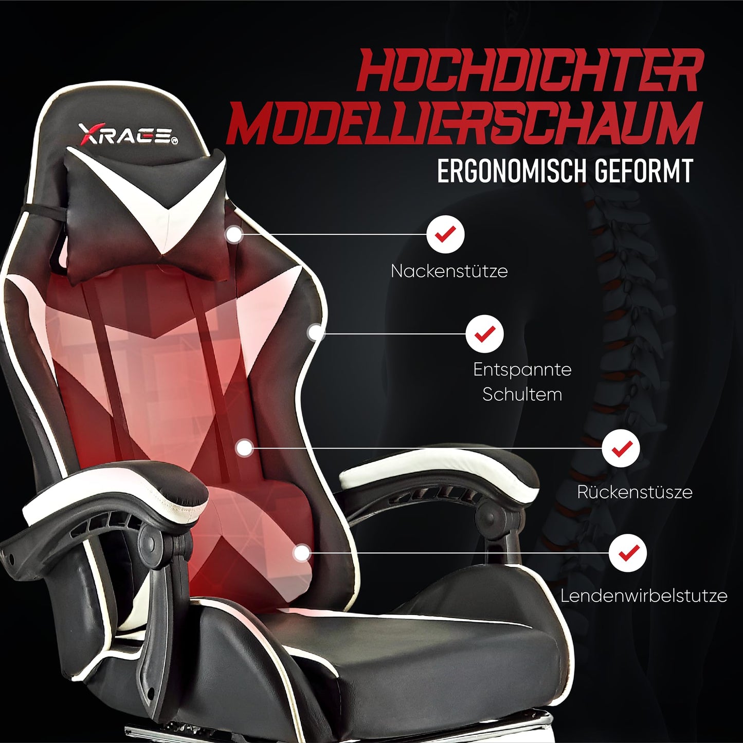 xRace Gaming Chair, Office Chair, Ergonomic PC Chair, Gaming Armchair made of Leather with Lumbar Support, Adjustable Swivel, Task Chairs with Footrest and Headrest, White
