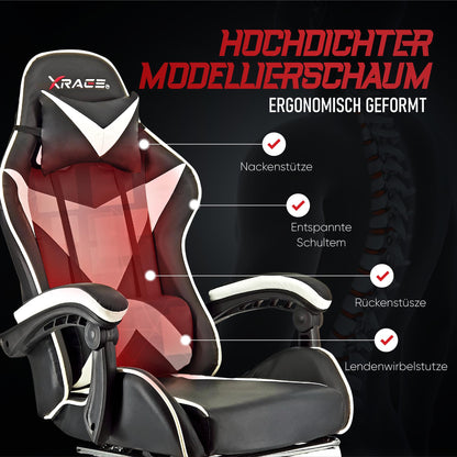 xRace Gaming Chair, Office Chair, Ergonomic PC Chair, Gaming Armchair made of Leather with Lumbar Support, Adjustable Swivel, Task Chairs with Footrest and Headrest, White