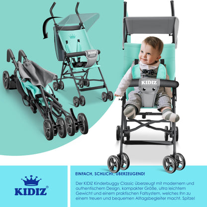 KIDIZ® City Buggy is a foldable sports stroller with 360° swivel 4-inch wheels, sun and rain covers, and a 5-point safety harness. Suitable for kids over 6 months, in mint green.