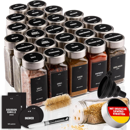 Deco House® square airtight spice jars 24-piece set [including labels & sprinkler] - glass spice jar set - spice container spice jars - spice storage - spice organizer - spice storage
